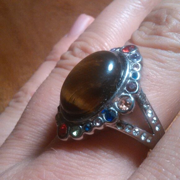 Tiger's Eye and Austrian Crystal Stainless Steel Ring (Size 9) - Picture 3 of 16